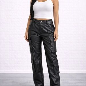Faux leather cargo pants straight leg pocket cargo pants sleek leather cargo